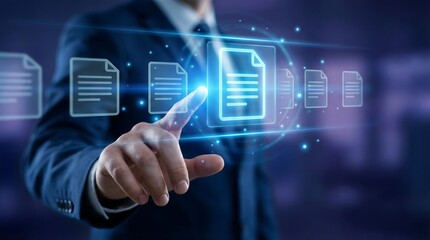 Business professional touching digital document icons with futuristic interface for cloud computing and data management solutions
