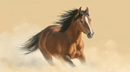 Obraz premium Graceful Gallop: A majestic horse, with a flowing mane and tail, charges through a cloud of dust, embodying freedom and untamed spirit.
