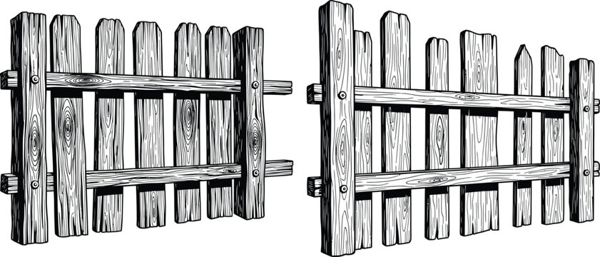 Two rustic wooden fence sections showing individual planks and natural wood grain texture