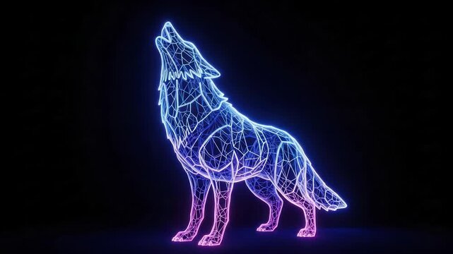 Abstract Neon Wireframe Wolf Howling on Black Background, Futuristic Animal Silhouette
