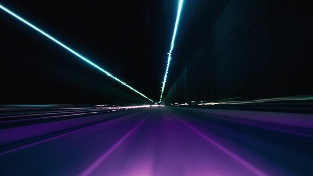 Nighttime Drive Through Illuminated Road Lights With Motion Blur Effects. Hyperlapse Road Trip. Driving Along a Highway at Night Featuring Bright Streetlights Overhead and Motion Blur Effects.