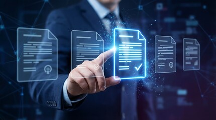 Business professional selecting digital document with checkmark in futuristic interface for success and technology concept