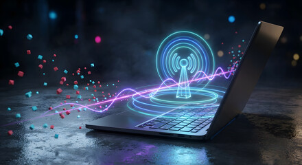 digital glowing wireless signal and transmitter tower icon emerging from laptop screen with data particles and wave representing high speed 5g connectivity and telecommunications