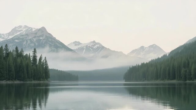Misty mountain lake with evergreen forest reflection and snow peaks, serene calm morning atmosphere