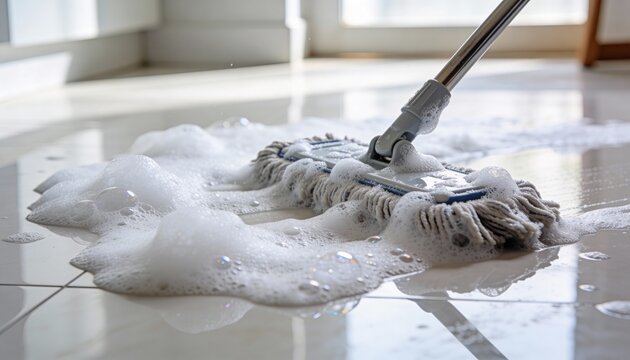 A close-up view of a string mop cleaning a shiny tiled floor covered in rich, thick white soap suds and bubbly foam.
