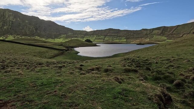 Lakes inside the vast volcanic caldera of Corvo Island, Azores, Portugal