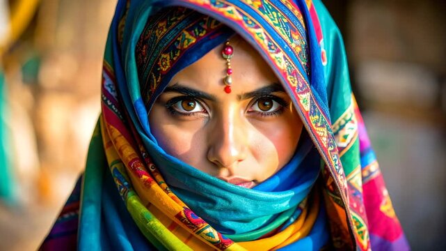 a young woman wearing a patterned headscarf, gazing into soft light with thoughtful eyes, expressing cultural identity, quiet confidence, emotional depth, elegance, and human beauty