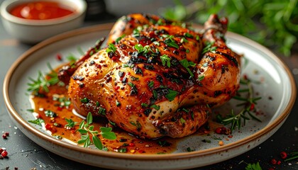 Hyper-Realistic Grilled Chicken Plate with Herbs and Sauce meal