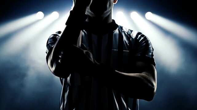 Silhouetted Referee Making Foul Signal Under Stadium Lights