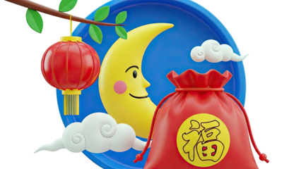 Chinese New Year 3D Illustration with Moon, Lantern, and Fortune Bag
