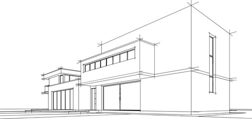 Detailed architectural exterior perspective vector of a modern two-story cubic residence featuring ribbon windows and minimalist geometric volumes.