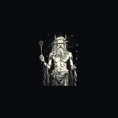 Ancient celestial god with horns holding sun scepter engraving illustration on dark starry background.