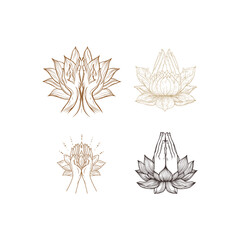 Obraz premium Yoga and meditation namaste hands set with lotus flower engraving illustration.