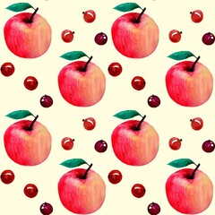 Seamless pattern made in watercolor technique with the image of red apples and various berries. For coloring wrapping paper, fabrics, wallpaper and much more.
