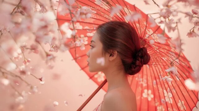 Young woman portrait with red parasol and paper umbrella among cherry blossom petals, serene red