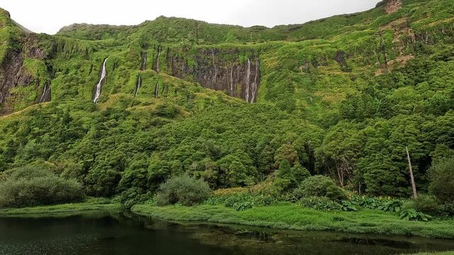 Reflective waters and bright green vegetation near Poco da Ribeira do Ferreiro, Flores Island, Azores, Portugal