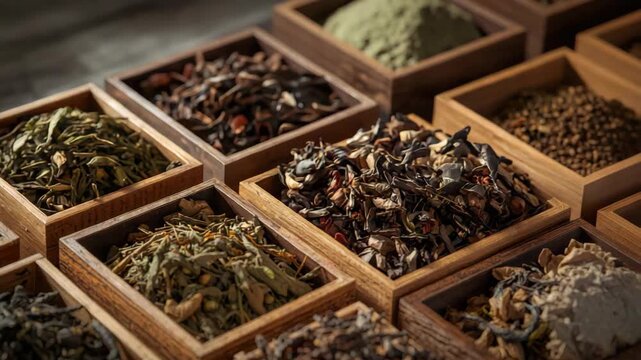Dried herbal tea leaves in wooden box spice display market stall earthy aromatic rustic assortment