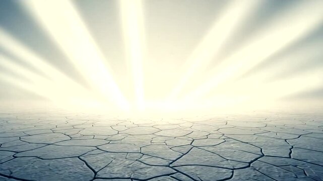 Bright Sunlight Rays Shining Over Cracked Dry Earth Landscape.