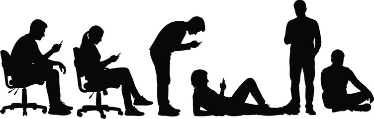 Black and white silhouettes of people using smartphones, men and women sitting and standing with mobile devices, digital technology social media lifestyle, isolated