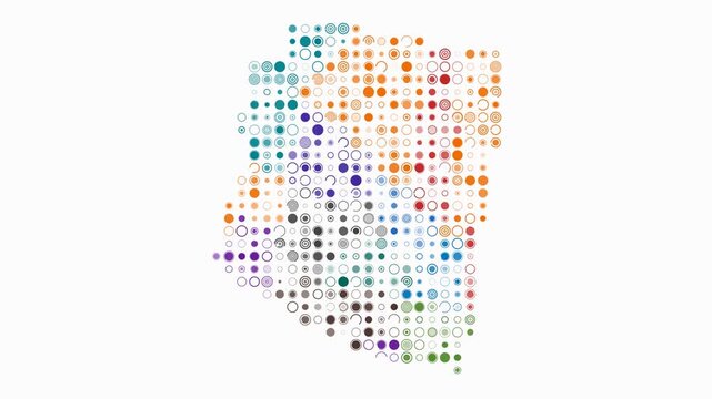 Arizona animated shape. Pulsating colored dots on the map of the state. Large size circle blocks. Digital style Arizona map on white background. Plain animation video.