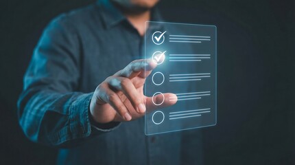 Business professional interacting with digital survey checklist icons on futuristic holographic interface in dark tech environment