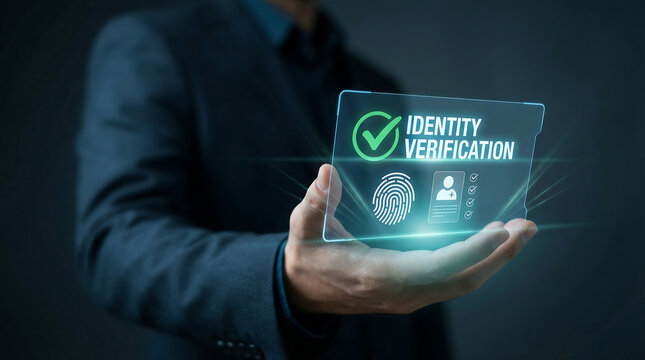 Business professional holding digital identity verification hologram with fingerprint security and cyber protection concept