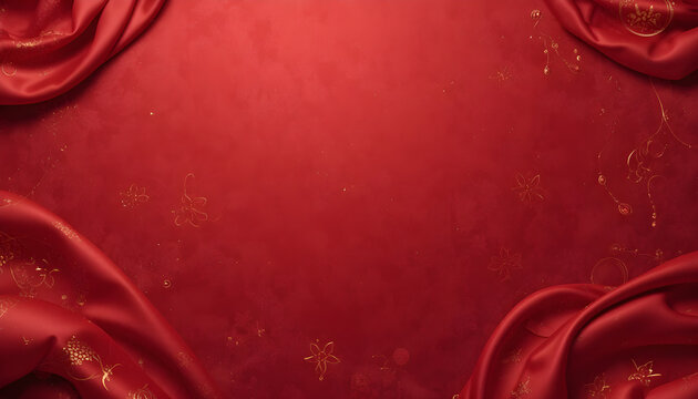 red velvet background with copy space, A luxurious red fabric background with gold accents and elegant folds