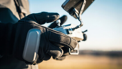 Drone pilot holding controller with gloves &mdash; modern technology meets the elements