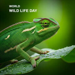 Fototapeta premium Green chameleon on wet leaves with World Wildlife Day text reptile lizard