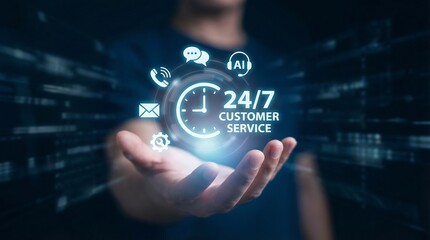 Hand holding glowing 24/7 customer service AI hologram icon with futuristic digital interface and blue neon lighting
