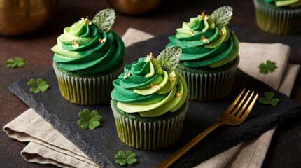Gourmet craft cupcakes with velvety lime and mint frosting, premium dessert, green themed for St Patrick's Day food blogs, bakery menus, festive party invitations, and holiday promotions