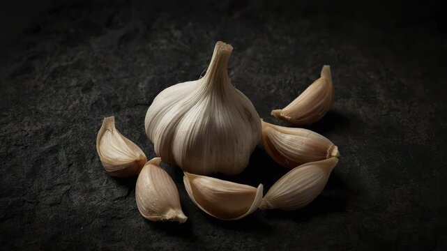 Moody kitchen still life garlic bulb with separated cloves dark stone surface seasoning spice