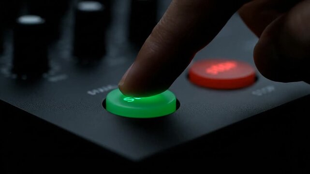 Finger pressing illuminated green button on control panel close up