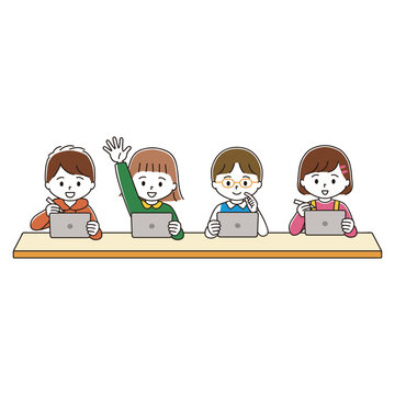 机に向かってタブレット端末で勉強する子どもたちのイラスト