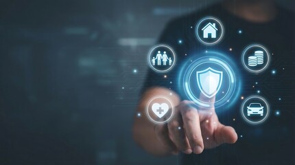 Business professional hand selecting digital security shield icon with global network and finance symbols in futuristic blue glow