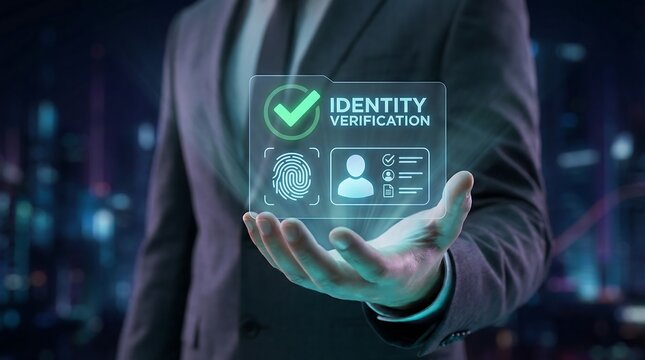 Business professional holding identity verification hologram with biometric security icons and digital interface in futuristic office
