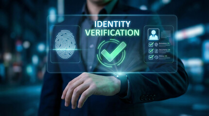 Business professional verifying identity with digital fingerprint authentication on futuristic interface in cybersecurity office