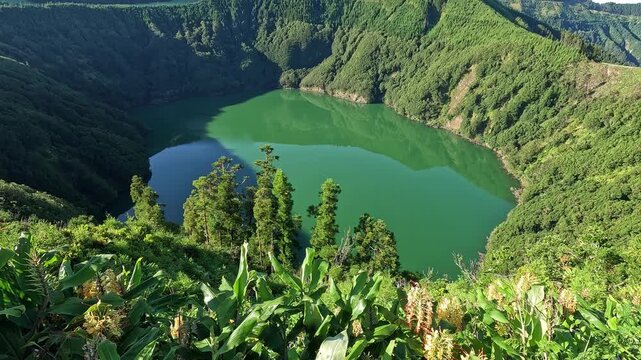 Volcanic lake in the caldera from Miradouro da Lagoa de Santiago, Sete Cidades, Sao Miguel Island, Azores, Portugal