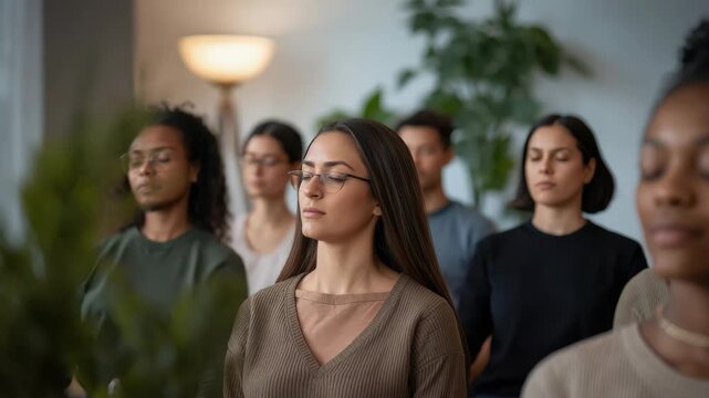 Meditation class participants and young woman meditating group mindfulness session practicing calm