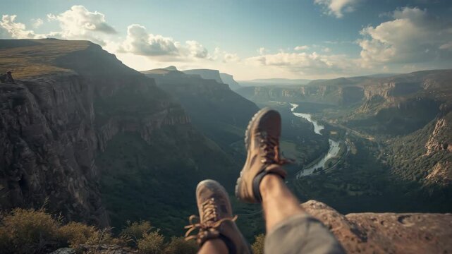 Hiker legs and boots dangling over canyon edge with winding river and sunlit valley, peaceful