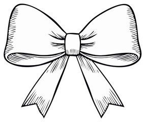Elegant hand-drawn bow illustration, black and white, graphic design element for gifts and celebrations.