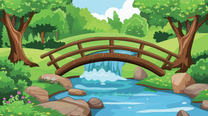 Cartoon river landscape with wooden bridge illustration