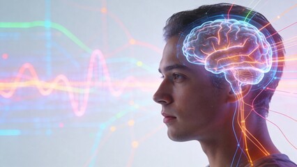 Man with glowing brain and neural network