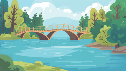 Cartoon river landscape with wooden bridge illustration