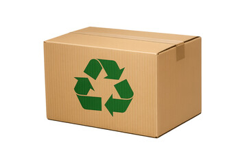 Cardboard delivery box with green recycling symbol, representing eco-friendly packaging, sustainable shipping, and environmental commerce