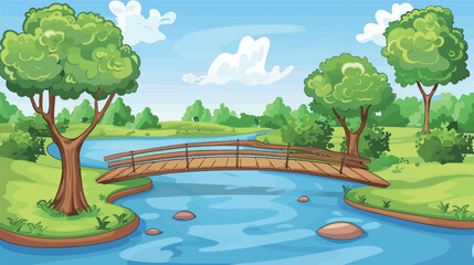 Cartoon river landscape with wooden bridge illustration