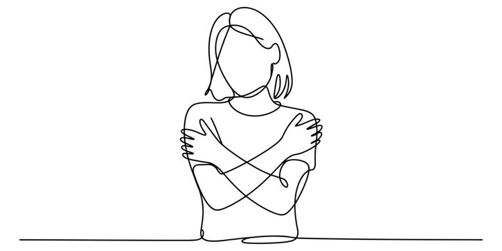 Continuous line drawing of a person hugging themselves, representing self-care and comfort Vector, illustration