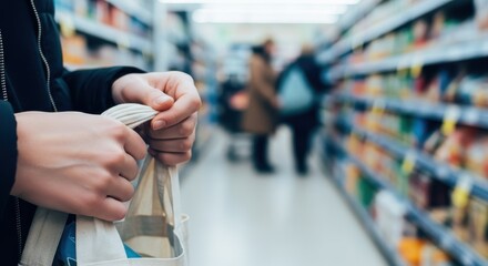 Person holding reusable shopping bag while browsing merchandise in retail store aisle