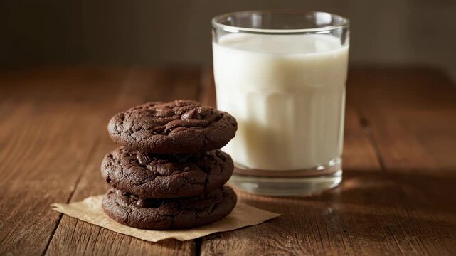 Chocolate cookie stack with milk pour into glass of milk on wooden table cozy chocolate chip snack