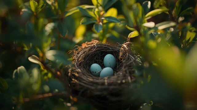 Blue speckled bird egg nest tucked in leafy green bush at golden light nestled among twigs